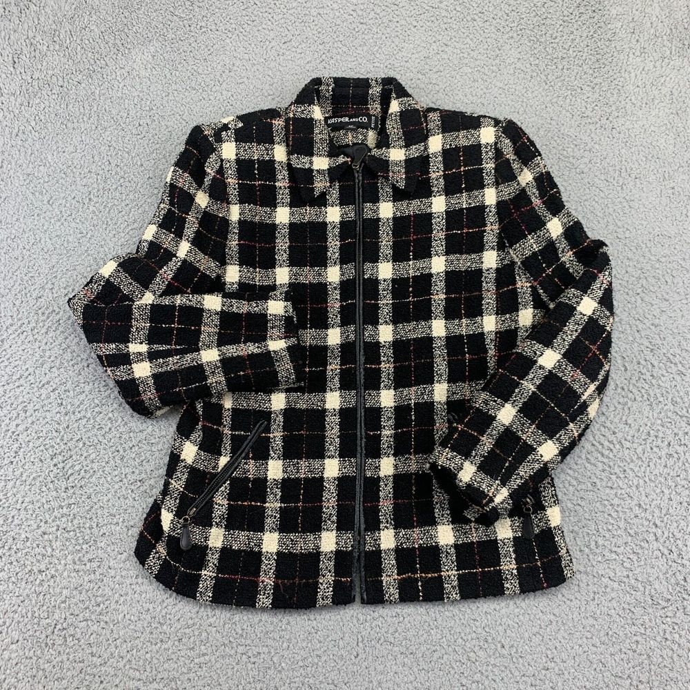 Kasper & Co. Jacket Womens 4P‎ Black White Flannel Petite Full Zip Long Sleeve